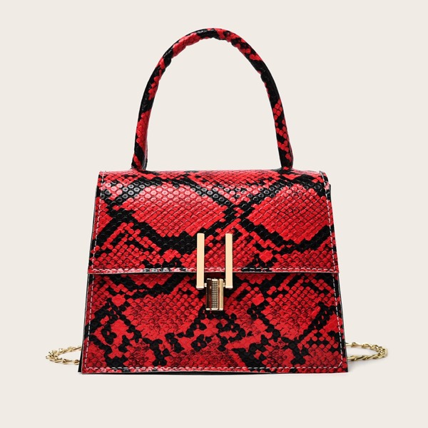 

Snakeskin Flap Chain Satchel Bag, Red