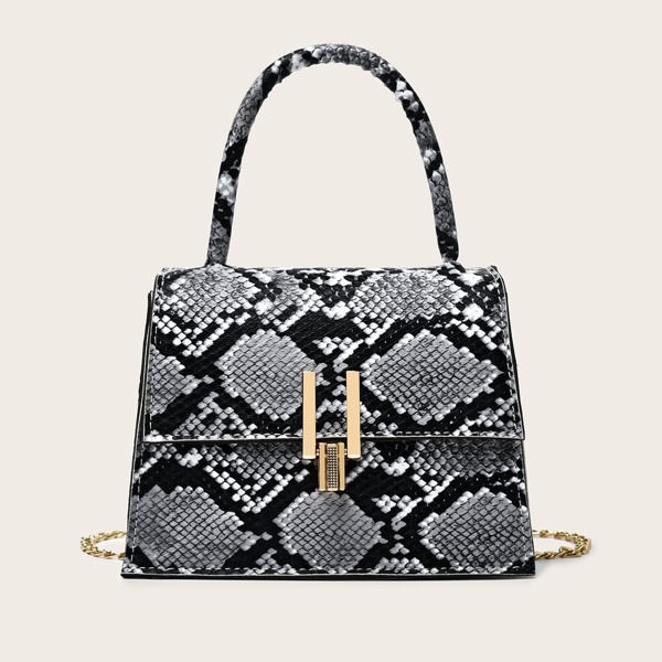 

Snakeskin Flap Chain Satchel Bag, Grey