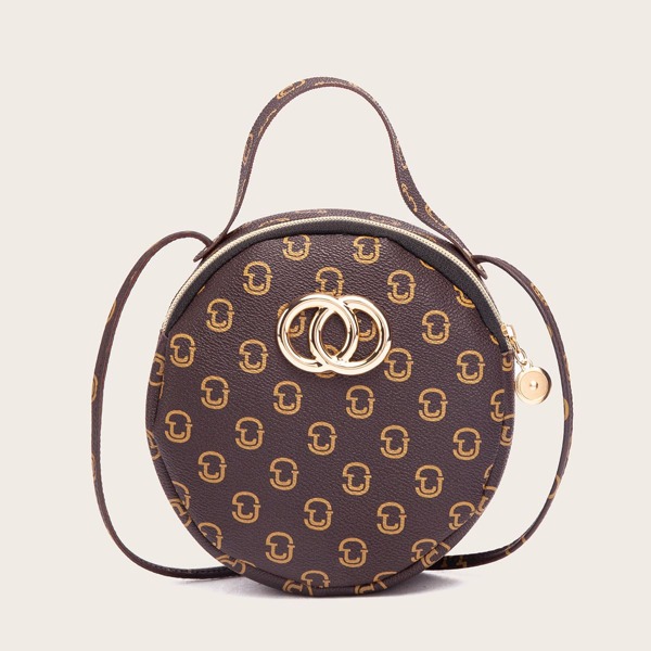 

Metal Decor Graphic Circle Bag, Coffee brown