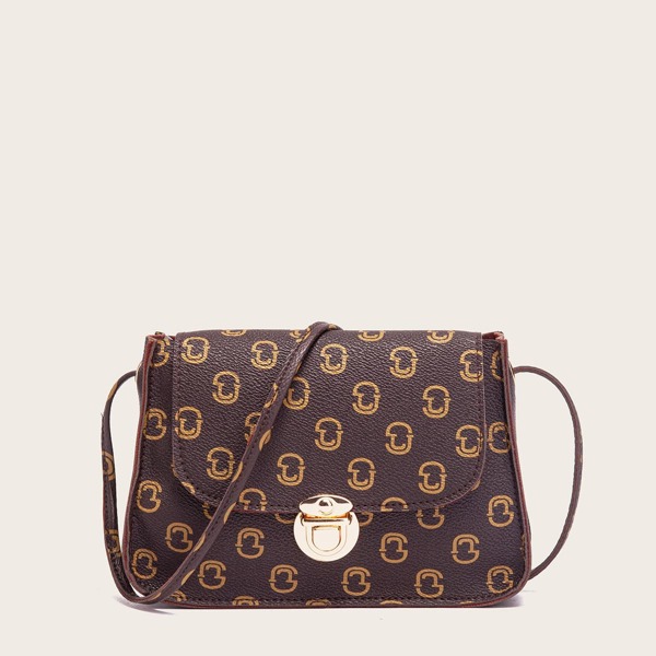 

Graphic Push Lock Flap Crossbody Bag, Coffee brown