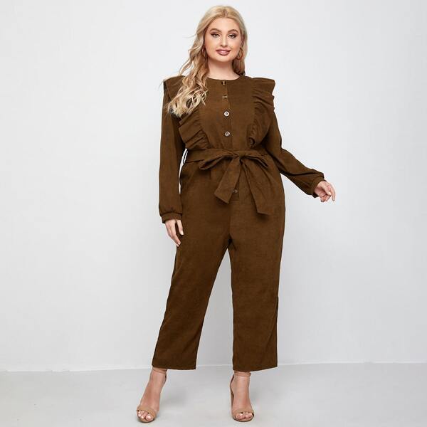 

Plus Ruffle Trim Self Tie Corduroy Jumpsuit, Coffee brown