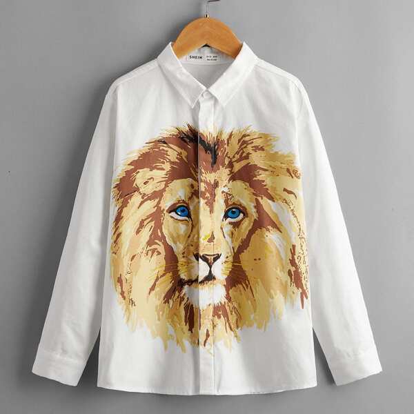 

Boys Lion Print Button Front Shirt, White