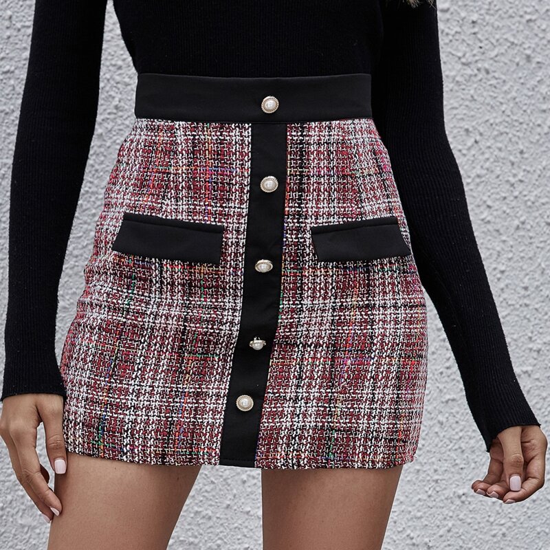 

High Waist Button Front Tweed Skirt, Multicolor