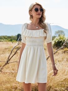 Square Neck Ruffle Trim Shirred Dress - Beige - View 1