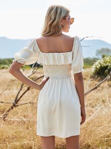 Square Neck Ruffle Trim Shirred Dress - Beige - View 2