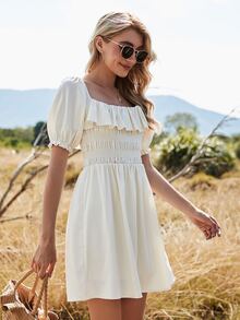 Square Neck Ruffle Trim Shirred Dress - Beige - View 4