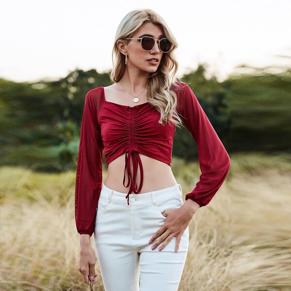 

Drawstring Knot Crop Top, Burgundy