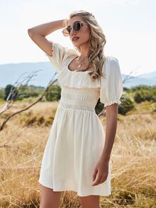 Square Neck Ruffle Trim Shirred Dress - Beige - View 6