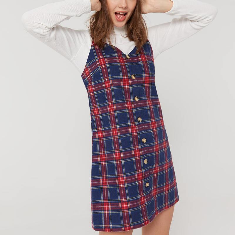 Button Up Tartan Cami Dress, Multicolor