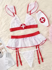 4pack Mesh Ruffle Garter Nurse Costume Set & Headband - White - View 1