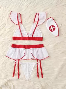 4pack Mesh Ruffle Garter Nurse Costume Set & Headband - White - View 2