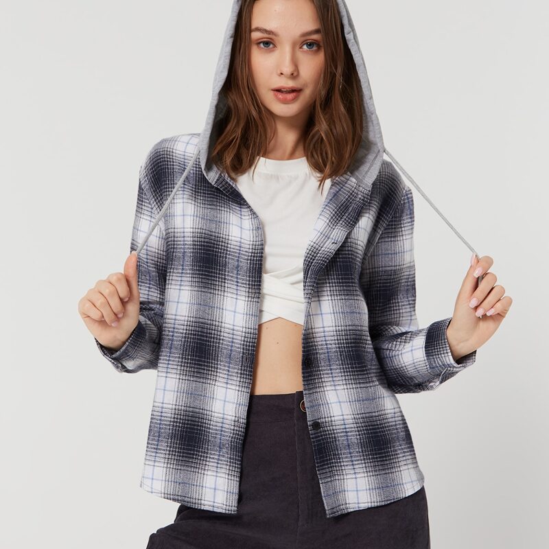 

Plaid Drawstring Hooded Shirt, Multicolor