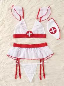 4pack Mesh Ruffle Garter Nurse Costume Set & Headband - White - View 4