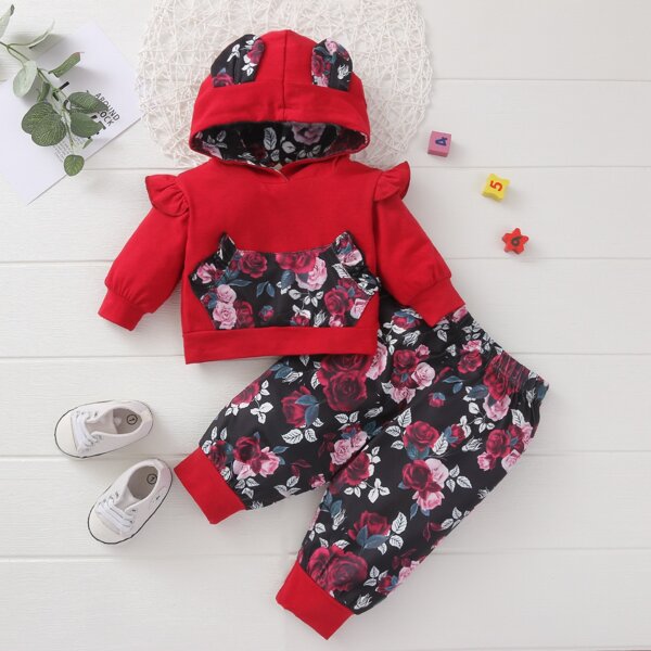 

Baby Girl 3D Patched Floral Panel Hoodie & Sweatpants, Multicolor