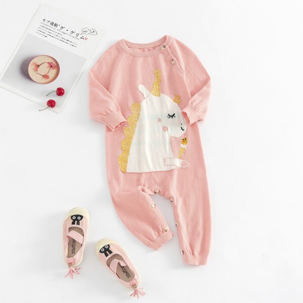 

Baby Girl Unicorn Pattern Button Detail Sweater Jumpsuit, Coral pink