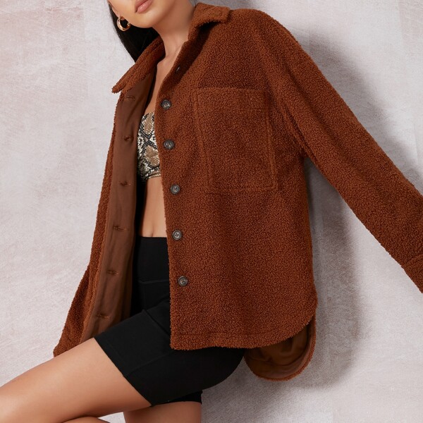 

Loop Knit Buttoned High-Low Jacket, Coffee brown