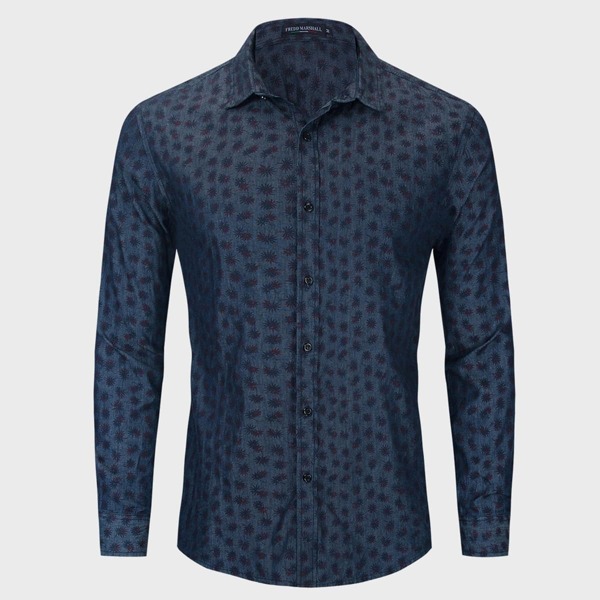 

Men Ditsy Floral Button Up Denim Shirt, Dark wash