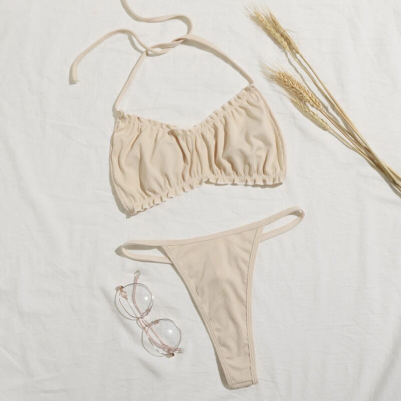 

Rib Frill Trim Lingerie Set, Beige