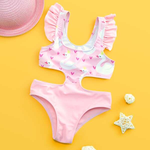 

Toddler Girls Swan Print Cut-out One Piece Swimsuit, Baby pink