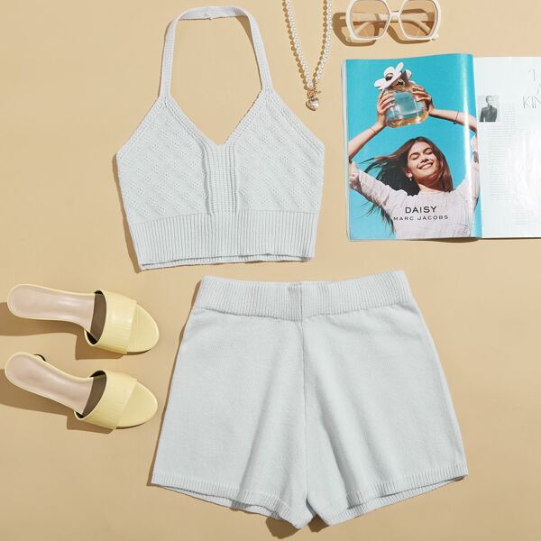 

Halter Neck Knit Top & Shorts Set, White