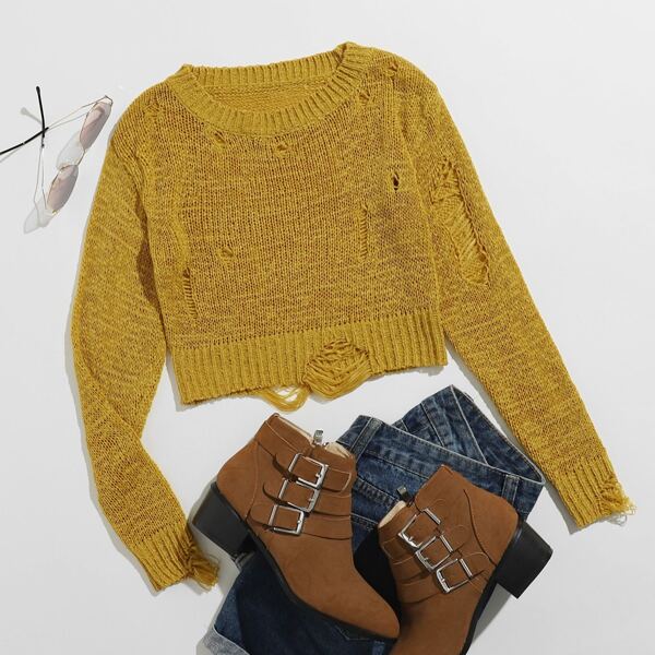 

Solid Ripped Crop Sweater, Mustard yellow