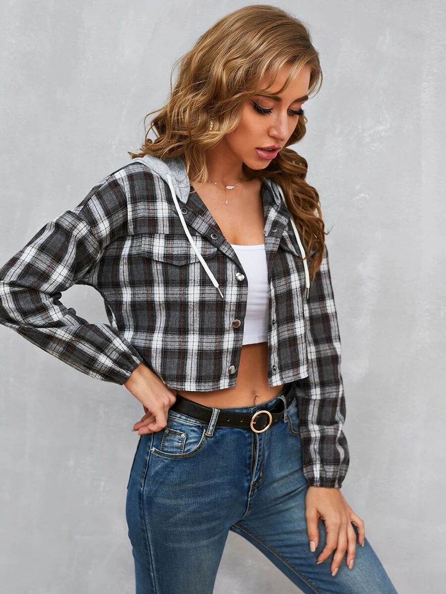 SHEIN Essnce Camisa con capucha con cordón en contraste de cuadros de hombros caídos - Multicolor - Ver 1