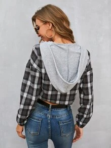 SHEIN Essnce Camisa con capucha con cordón en contraste de cuadros de hombros caídos - Multicolor - Ver 2
