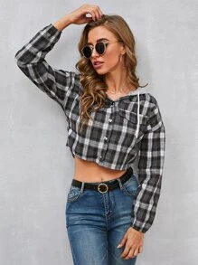 SHEIN Essnce Camisa con capucha con cordón en contraste de cuadros de hombros caídos - Multicolor - Ver 3