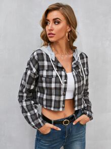 SHEIN Essnce Camisa con capucha con cordón en contraste de cuadros de hombros caídos - Multicolor - Ver 4