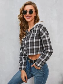 SHEIN Essnce Camisa con capucha con cordón en contraste de cuadros de hombros caídos - Multicolor - Ver 5
