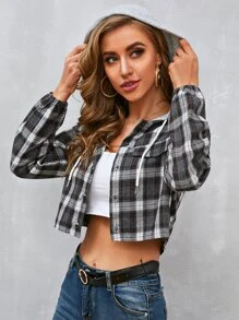 SHEIN Essnce Camisa con capucha con cordón en contraste de cuadros de hombros caídos - Multicolor - Ver 6