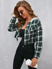 EMERY ROSE Camisa con capucha con cordón en contraste de cuadros de hombros caídos - Multicolor - Ver 1