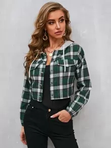 EMERY ROSE Camisa con capucha con cordón en contraste de cuadros de hombros caídos - Multicolor - Ver 3