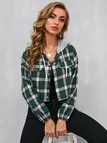 EMERY ROSE Camisa con capucha con cordón en contraste de cuadros de hombros caídos - Multicolor - Ver 6