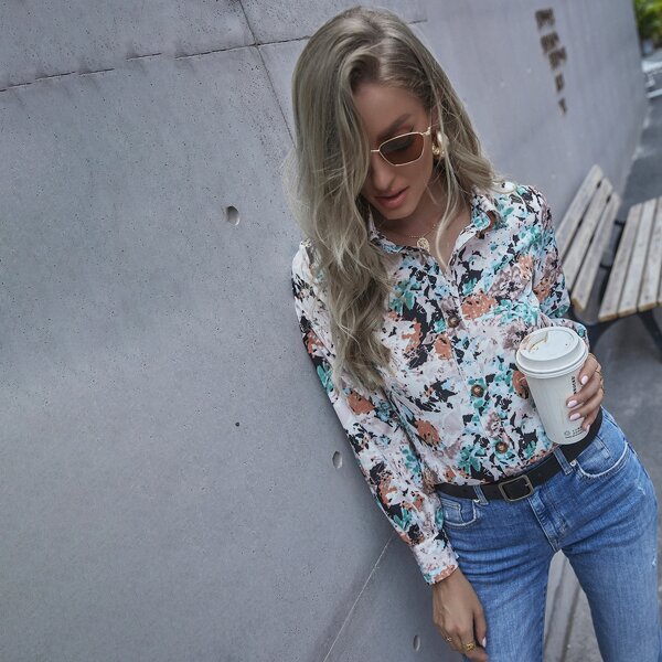 

Allover Print Button Up Blouse, Multicolor
