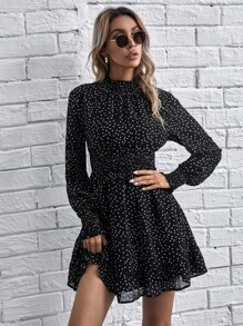 SHEIN Frenchy Vestido de tiras bajo con fruncido de cuello alto - Negro - Ver 1