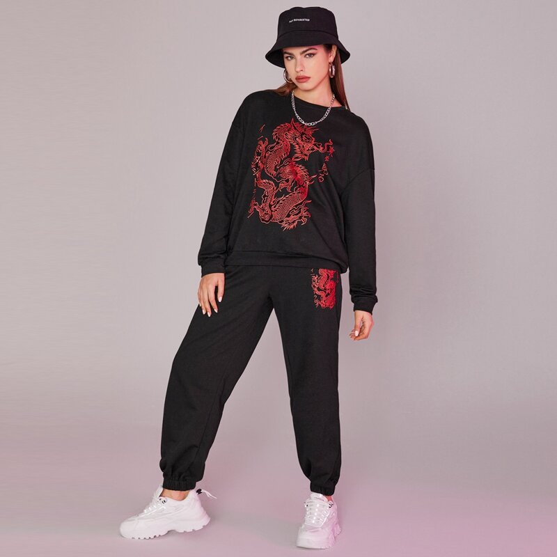 

Chinese Dragon Graphic Sweatshirt & Sweatpants, Black