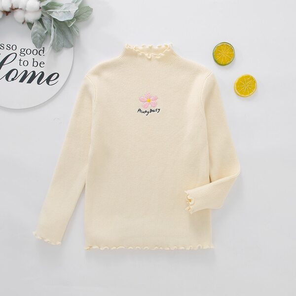 

Toddler Girls Floral Embroidery Lettuce Trim Sweater, Beige