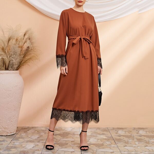 

Contrast Lace Panel Belted Dress, Brown