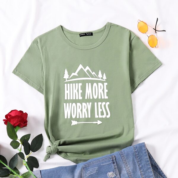 

Slogan & Mountain Print Tee, Mint green