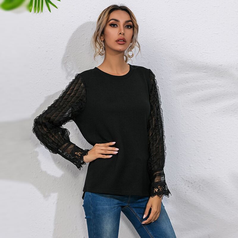 

Frill Trim Mesh Sleeve Top, Black