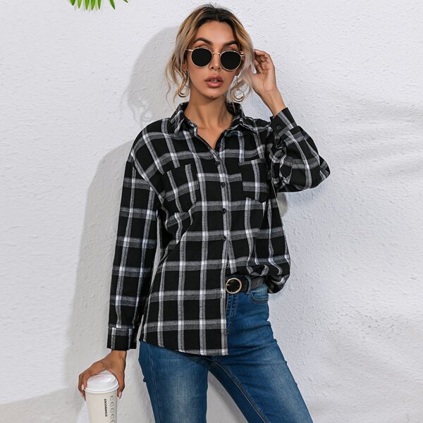

Plaid Drop Shoulder Blouse, Black