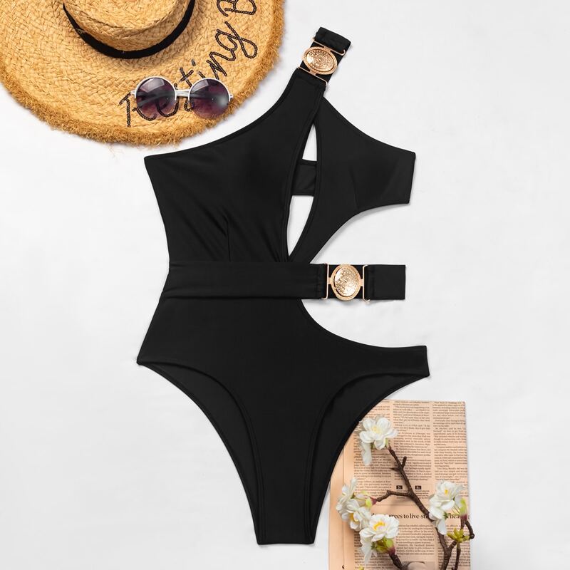 

Metal Decor Cut Out One Shoulder One Piece Swimsuit, Black