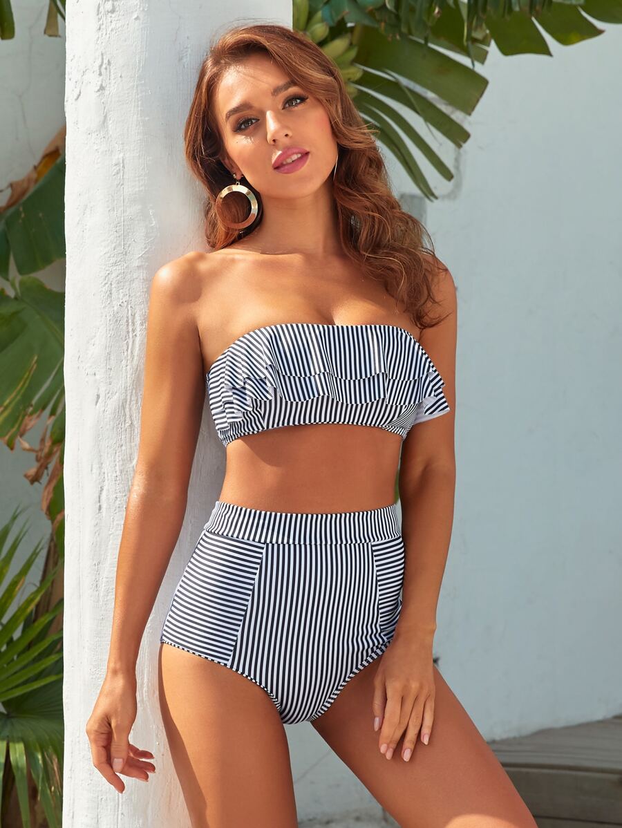 Striped Flounce Bandeau Bikini Set Summer Beach