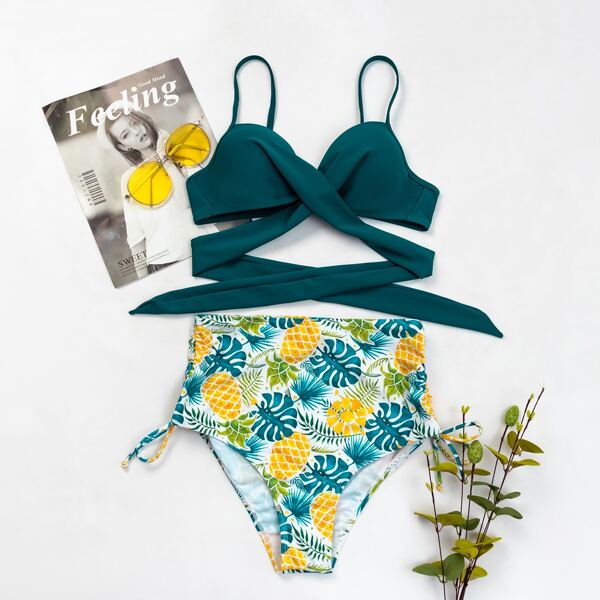 

Tropical Wrap High Waist Bikini Swimsuit, Multicolor