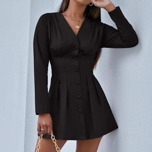 

Solid Button Through Shirt Dress, Black