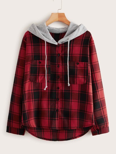 Plaid Contrast Drawstring Hooded Blouse