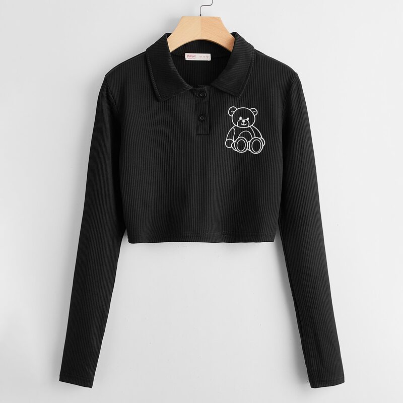 

Cartoon Bear Ribbed Polo Tee, Black