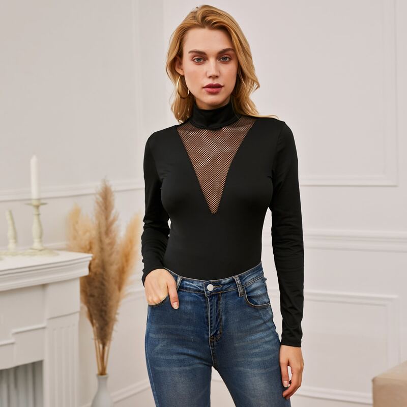 

Fishnet Panel High Neck Slim Bodysuit, Black