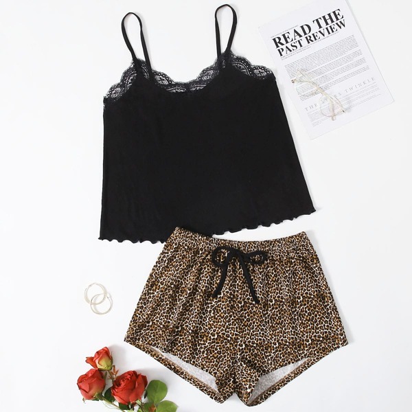

Lace Panel Cami Top & Leopard Shorts Pajama Set, Multicolor